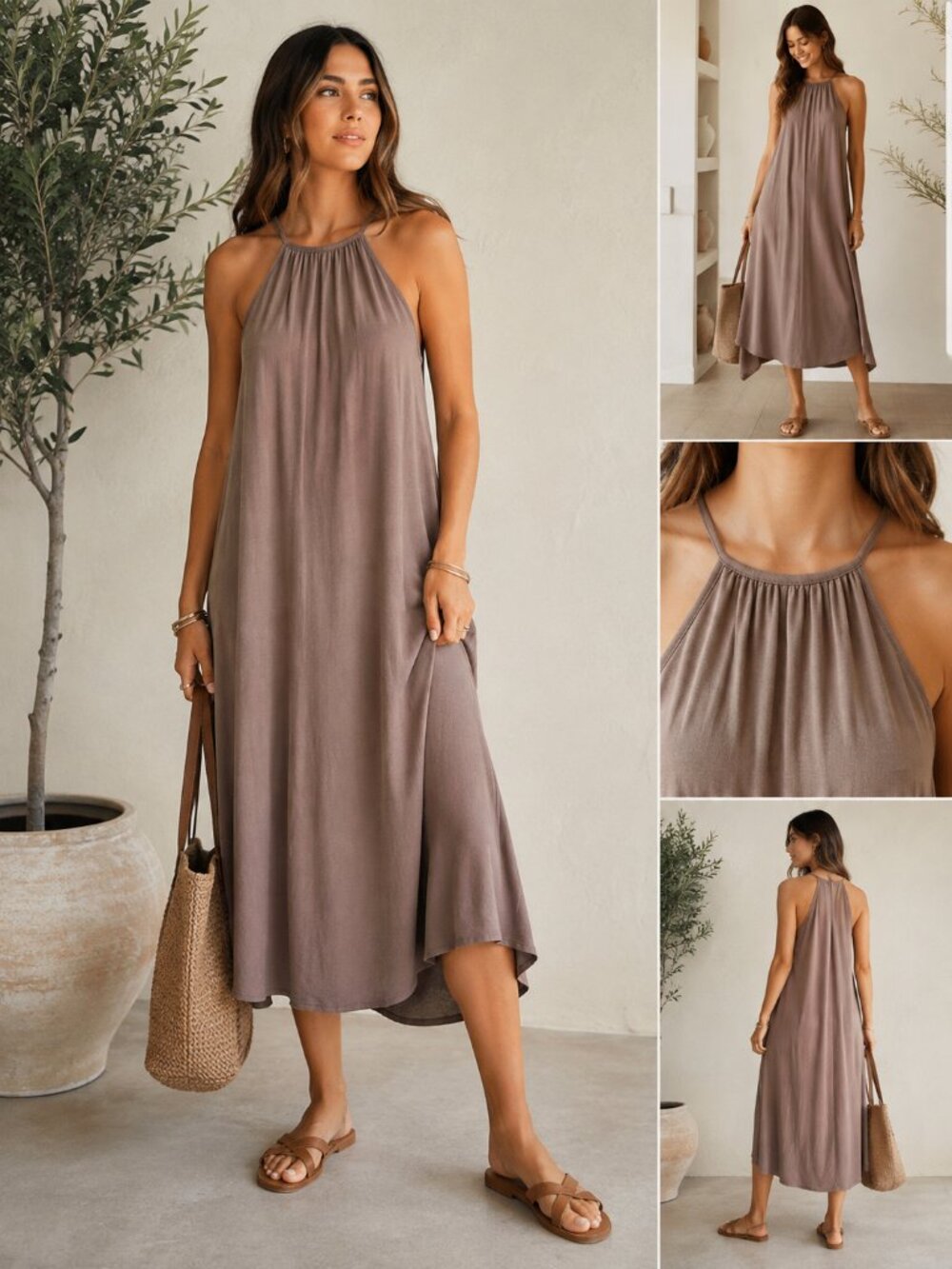 🤎 Brit + Bri Taupe Halter Midi Dress | Minimalist Sleeveless Swing Dress